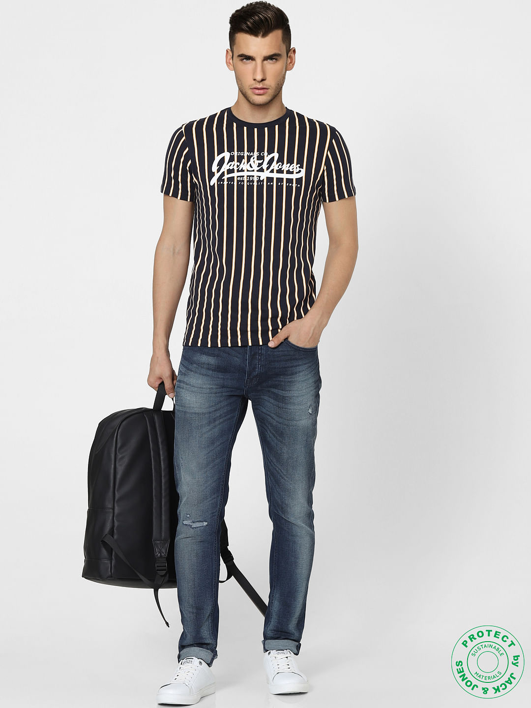 Navy Blue Striped Crew Neck T-shirt