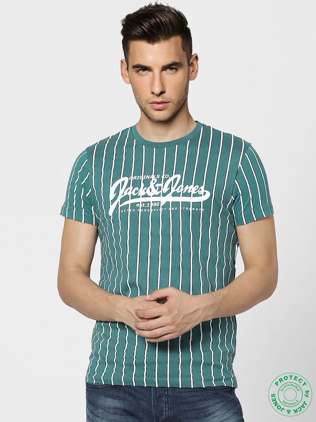 Green Striped Crew Neck T-shirt