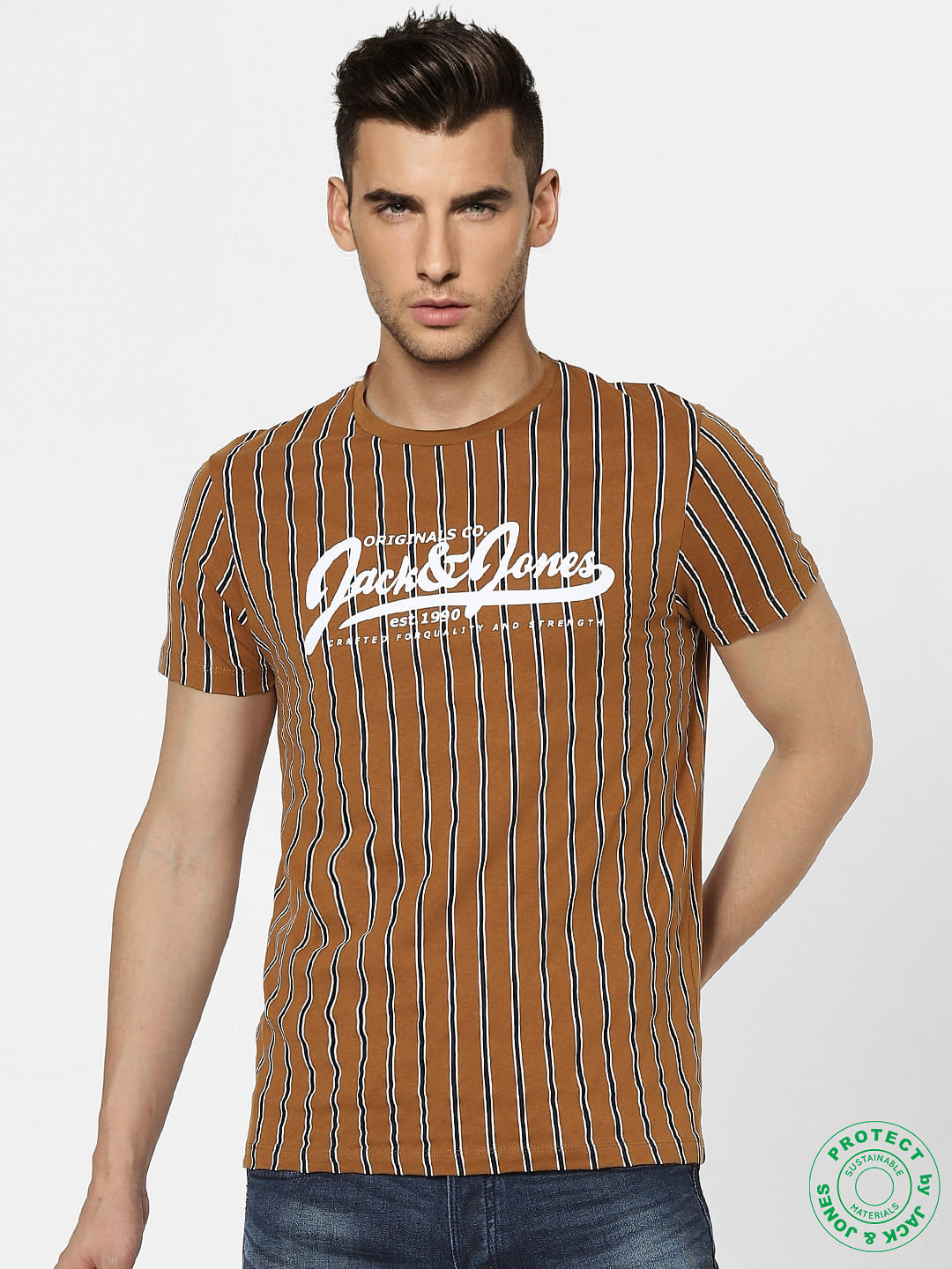 Brown Striped Crew Neck T-shirt