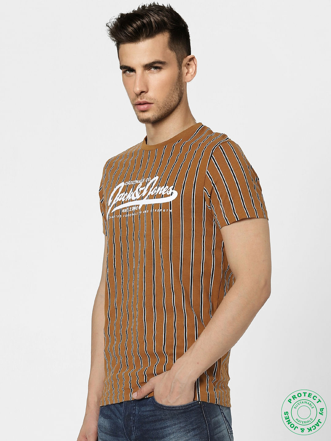 Brown Striped Crew Neck T-shirt