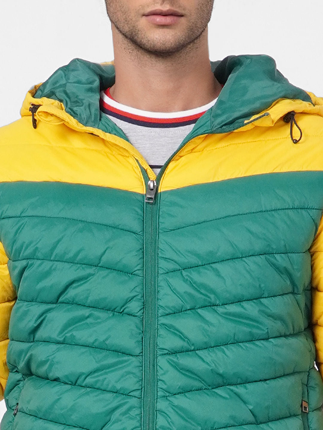 Green Colourblocked Puffer Jacket
