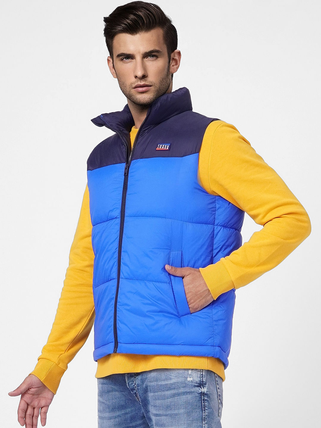 Blue Colourblocked Puffer Vest Jacket