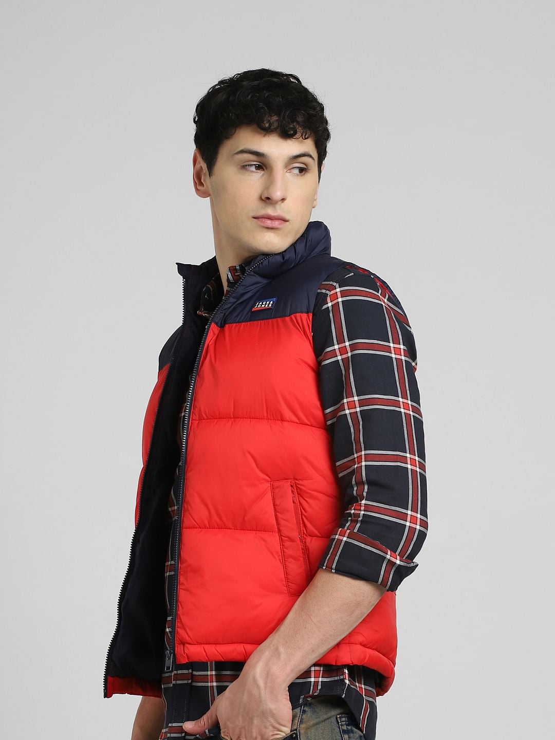 Red Colourblocked Puffer Vest Jacket