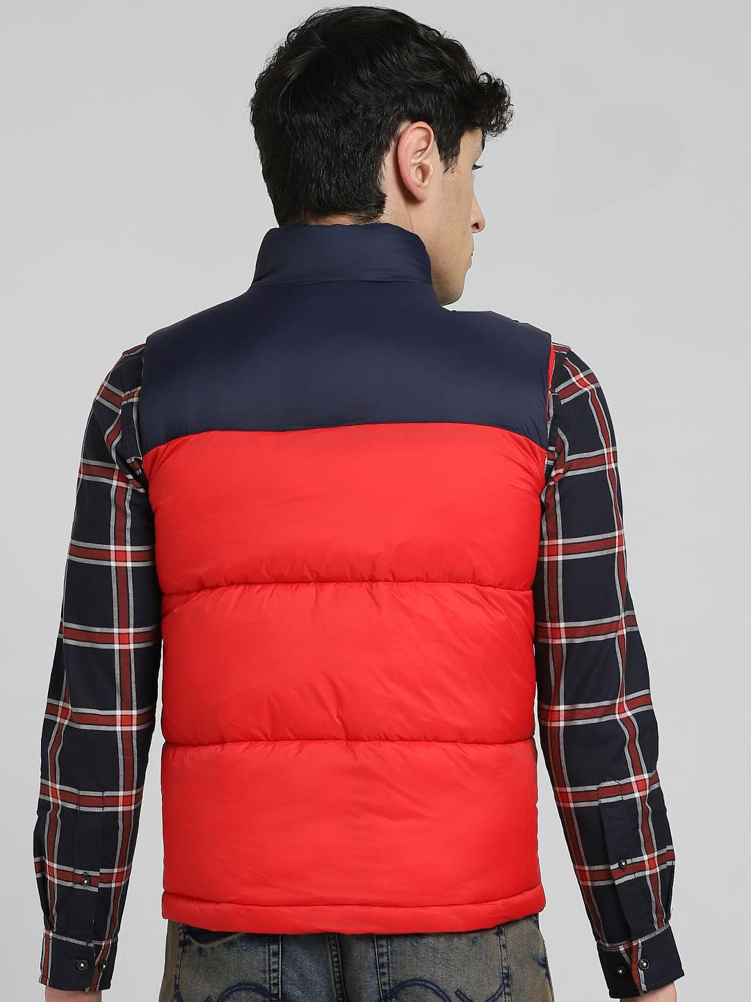 Red Colourblocked Puffer Vest Jacket