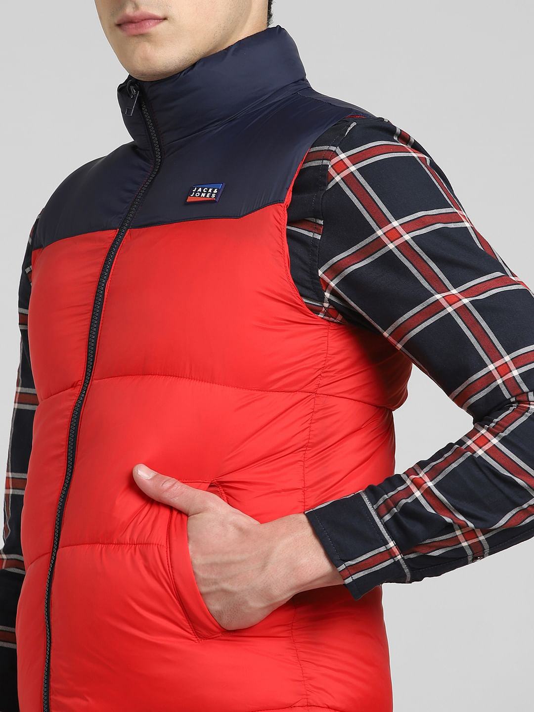 Red Colourblocked Puffer Vest Jacket