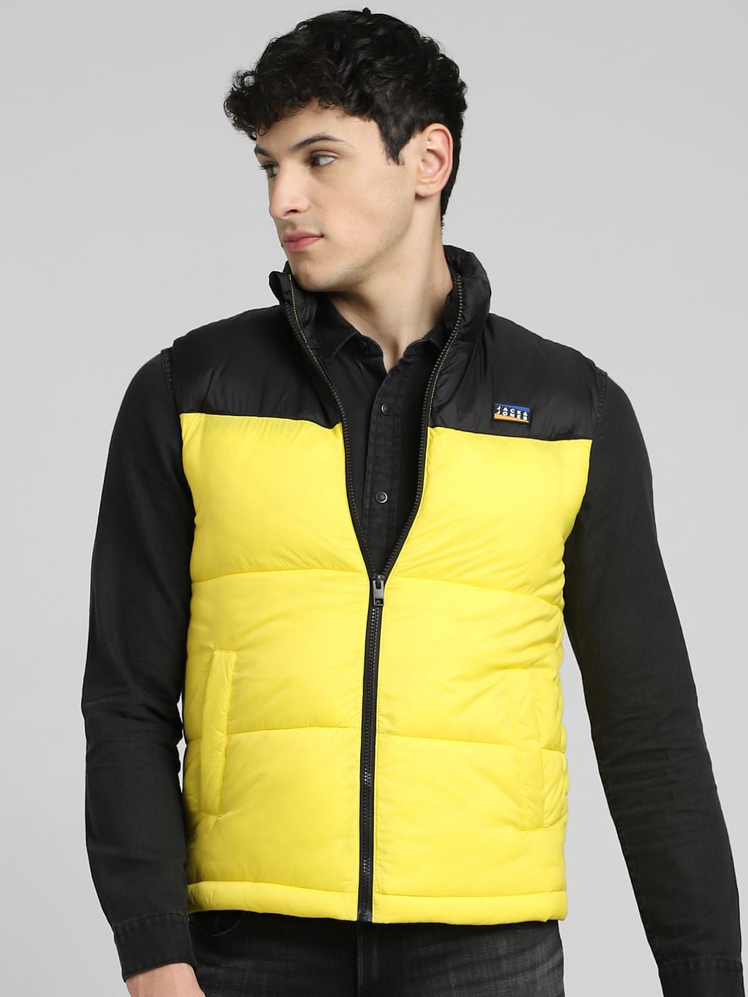 Yellow Colourblocked Puffer Vest Jacket