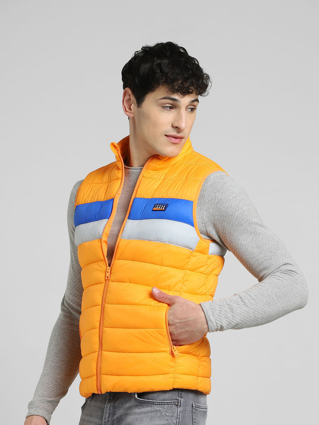 Yellow Colourblocked Puffer Vest Jacket