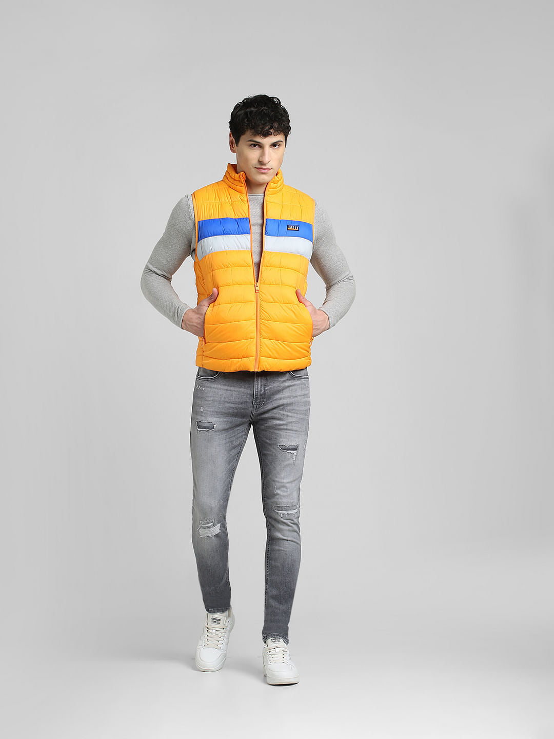 Yellow Colourblocked Puffer Vest Jacket