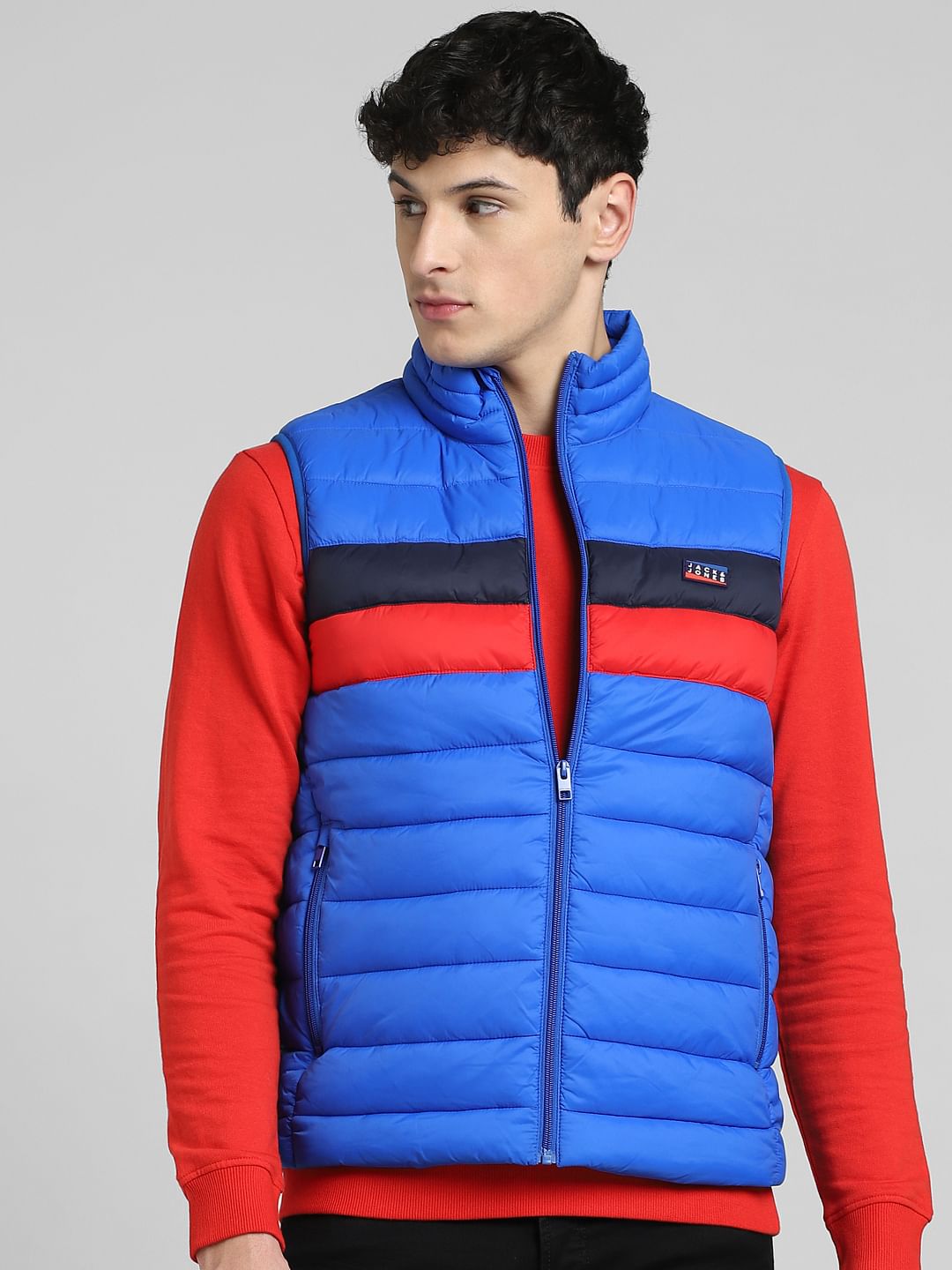 Blue Colourblocked Puffer Vest Jacket