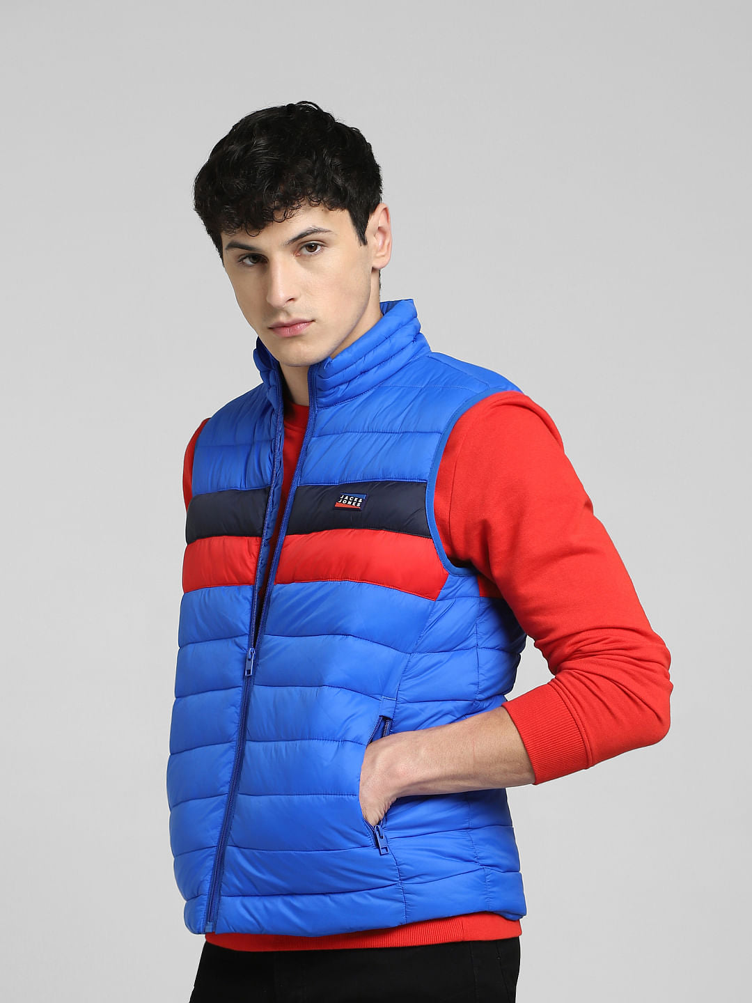 Blue Colourblocked Puffer Vest Jacket