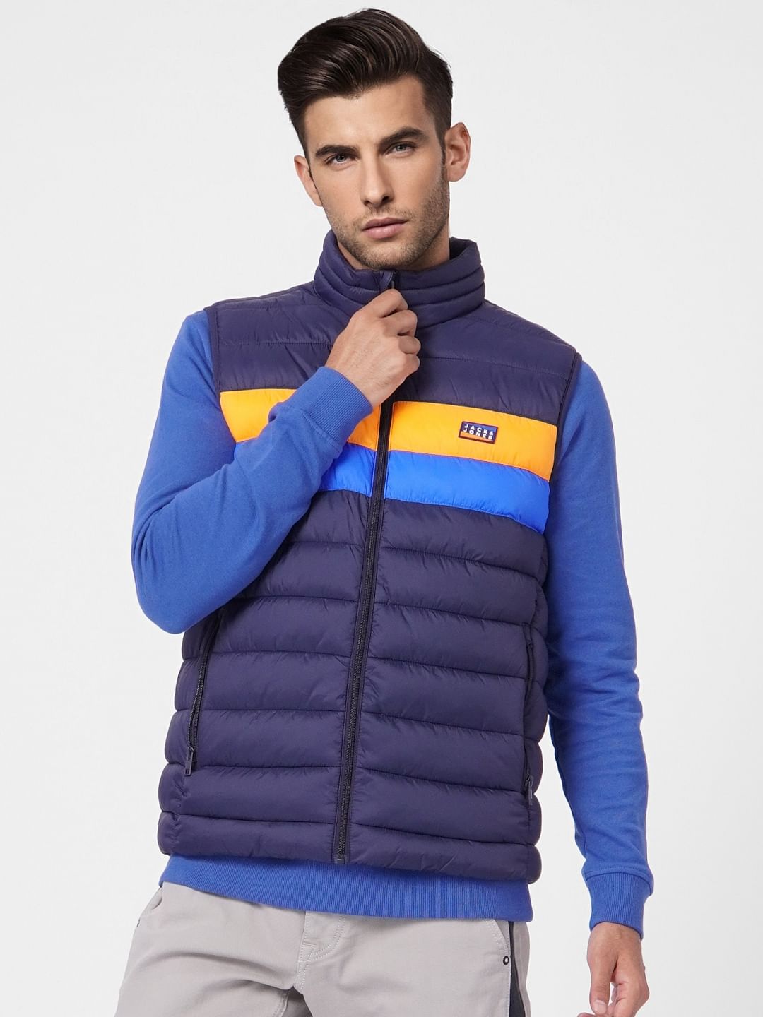 Navy Blue Colourblocked Puffer Vest Jacket