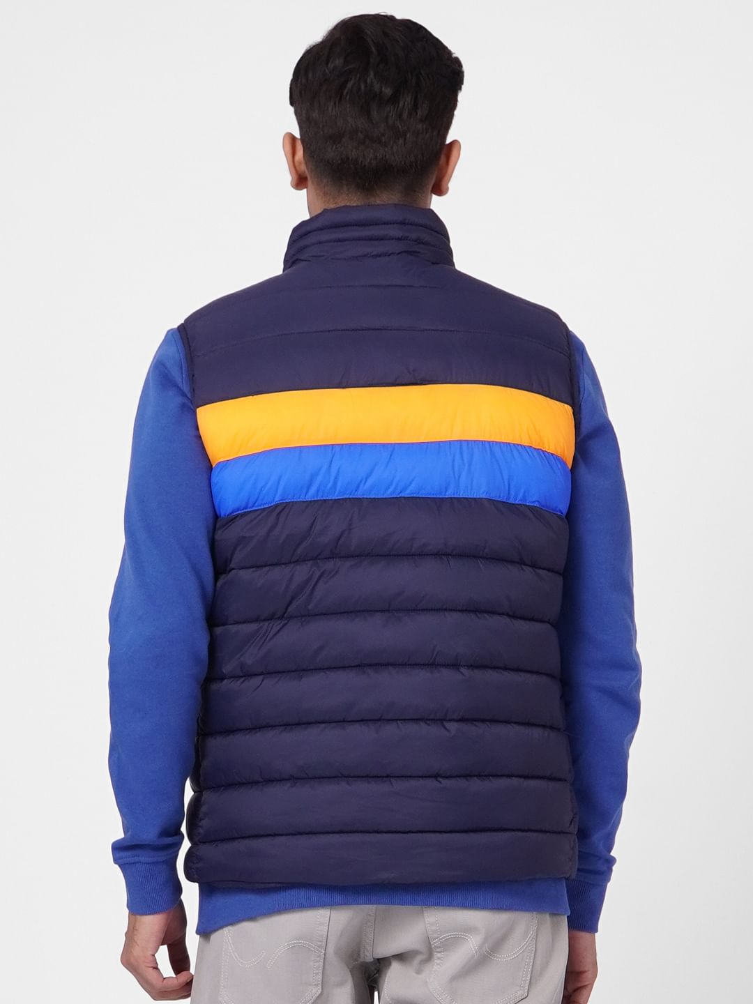 Navy Blue Colourblocked Puffer Vest Jacket