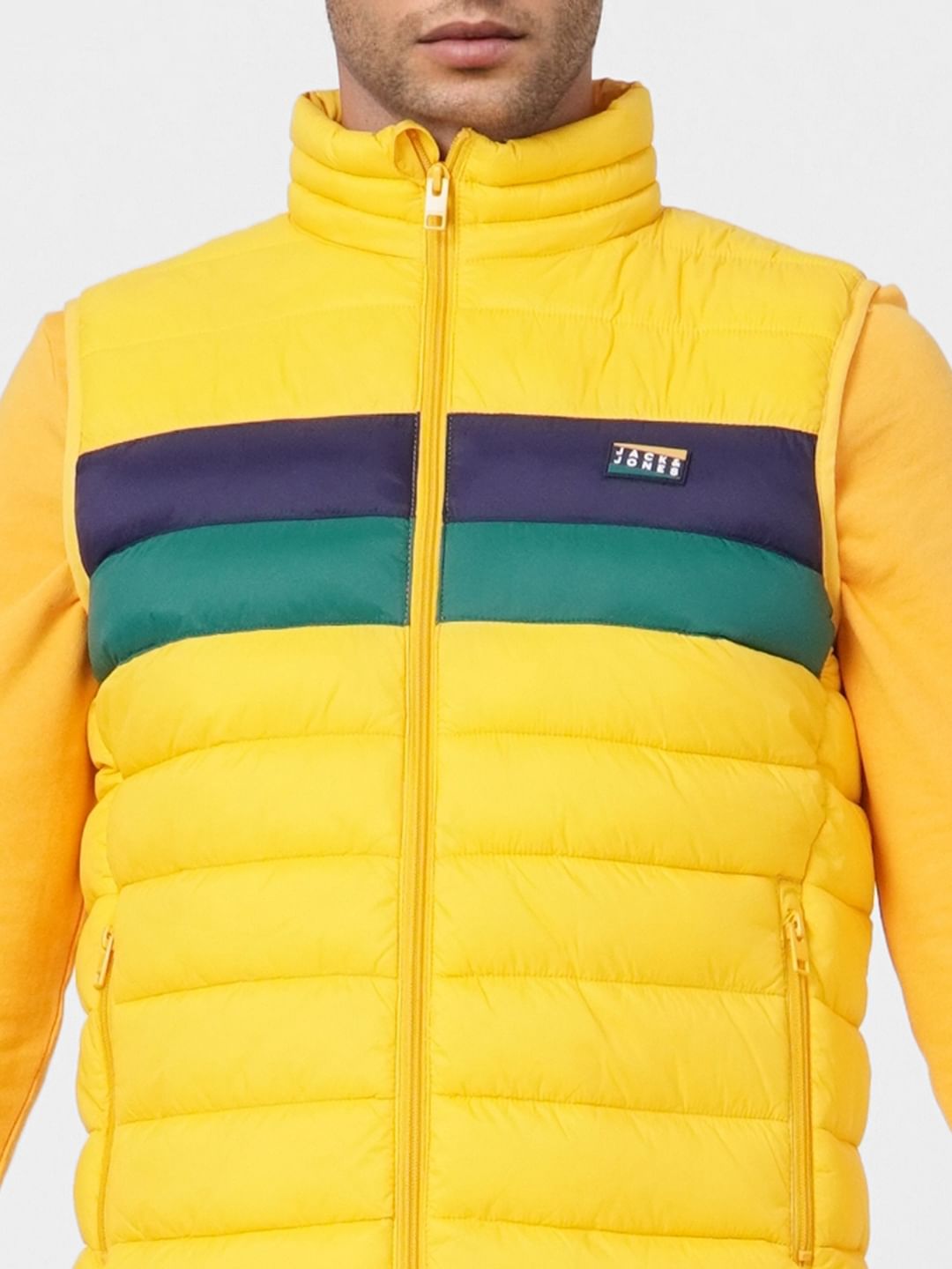 Yellow Colourblocked Puffer Vest Jacket