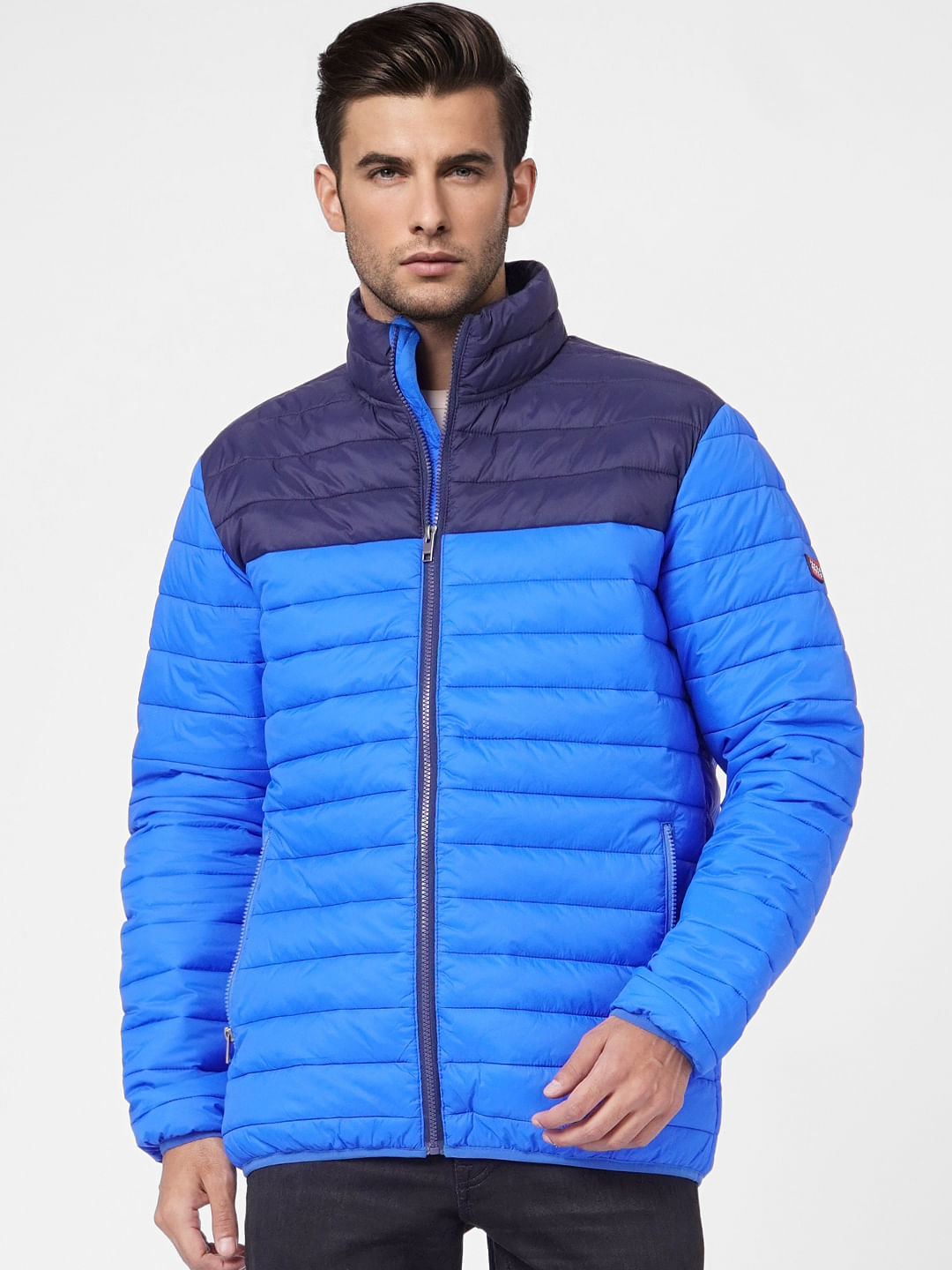 Blue Colourblocked Puffer Jacket
