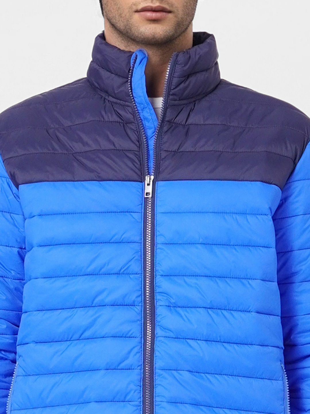 Blue Colourblocked Puffer Jacket