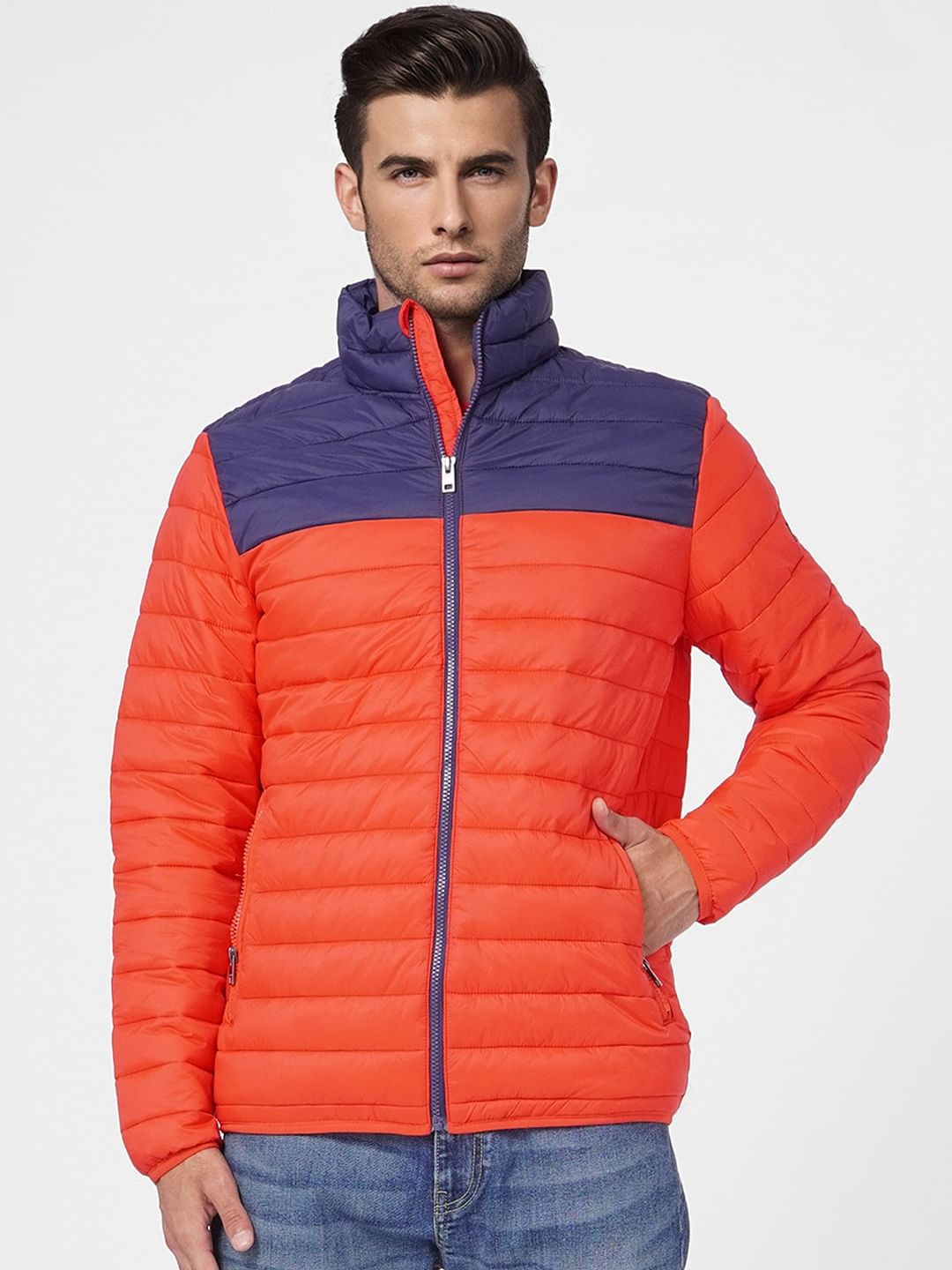 Red Colourblocked Puffer Jacket