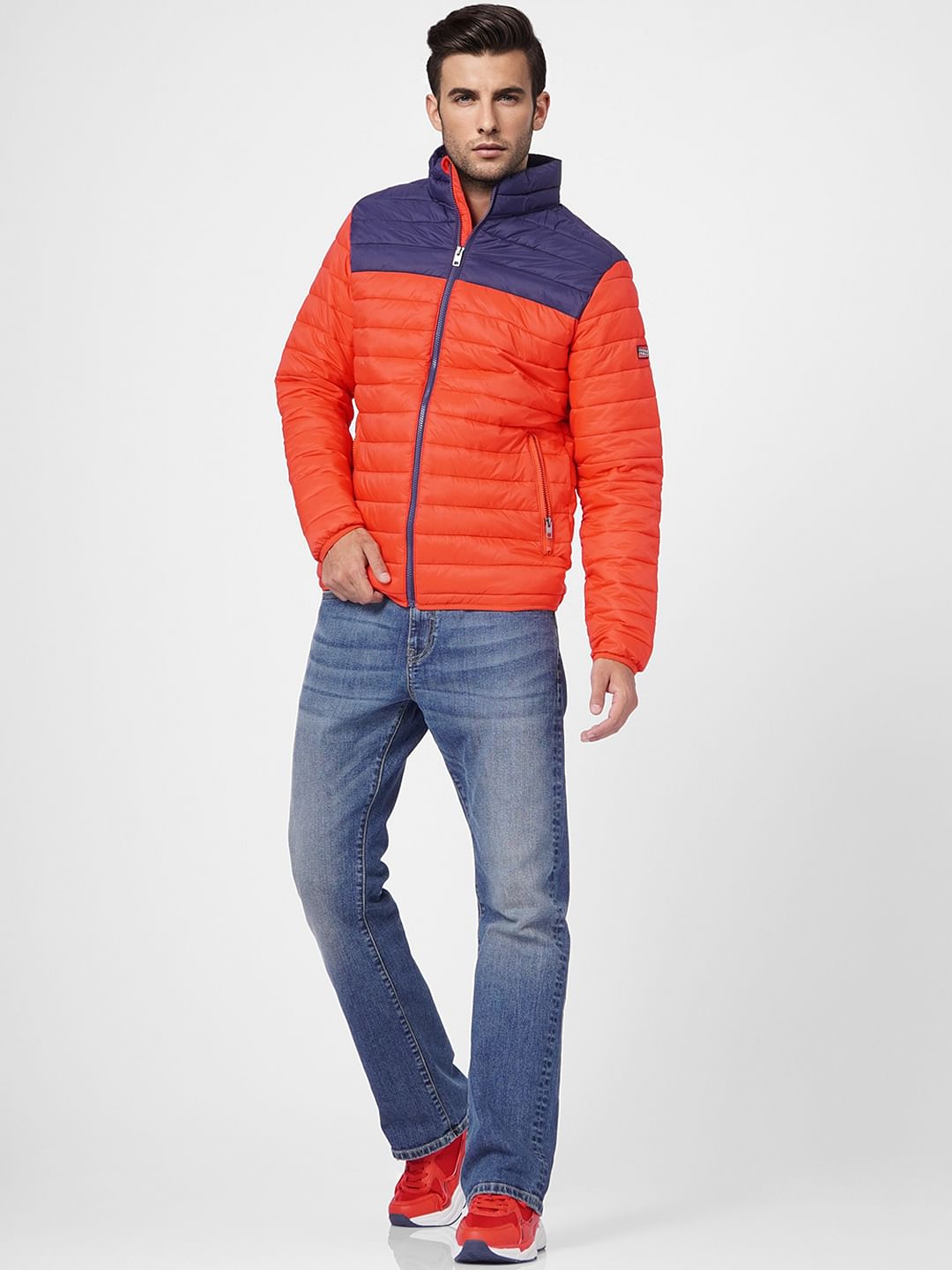 Red Colourblocked Puffer Jacket