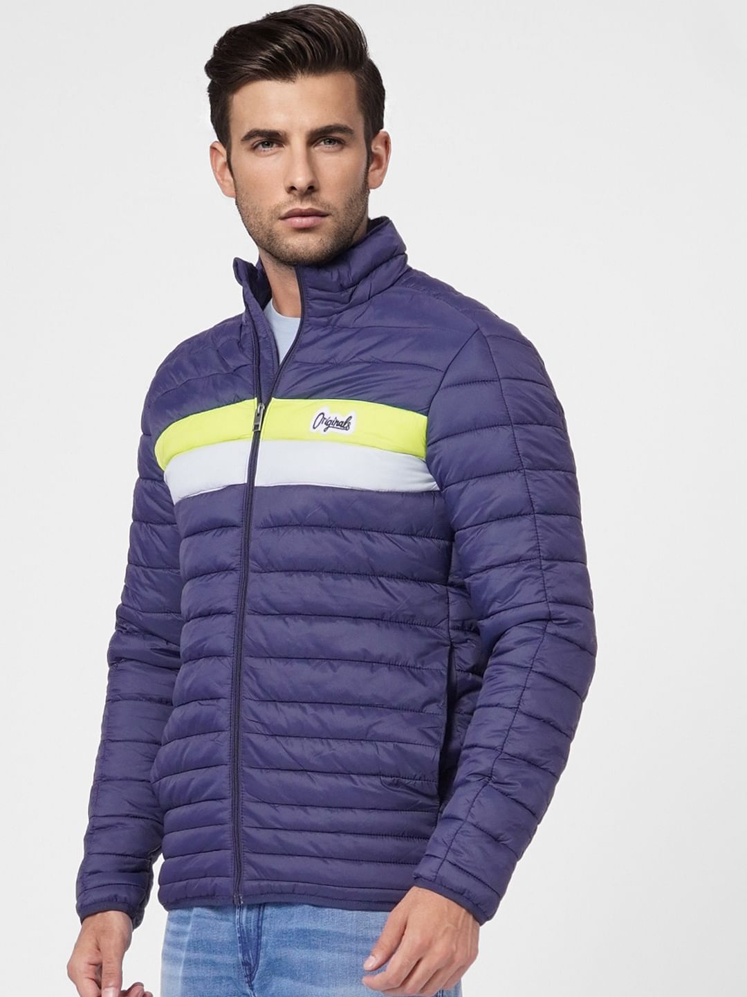 Blue Colourblocked Puffer Jacket