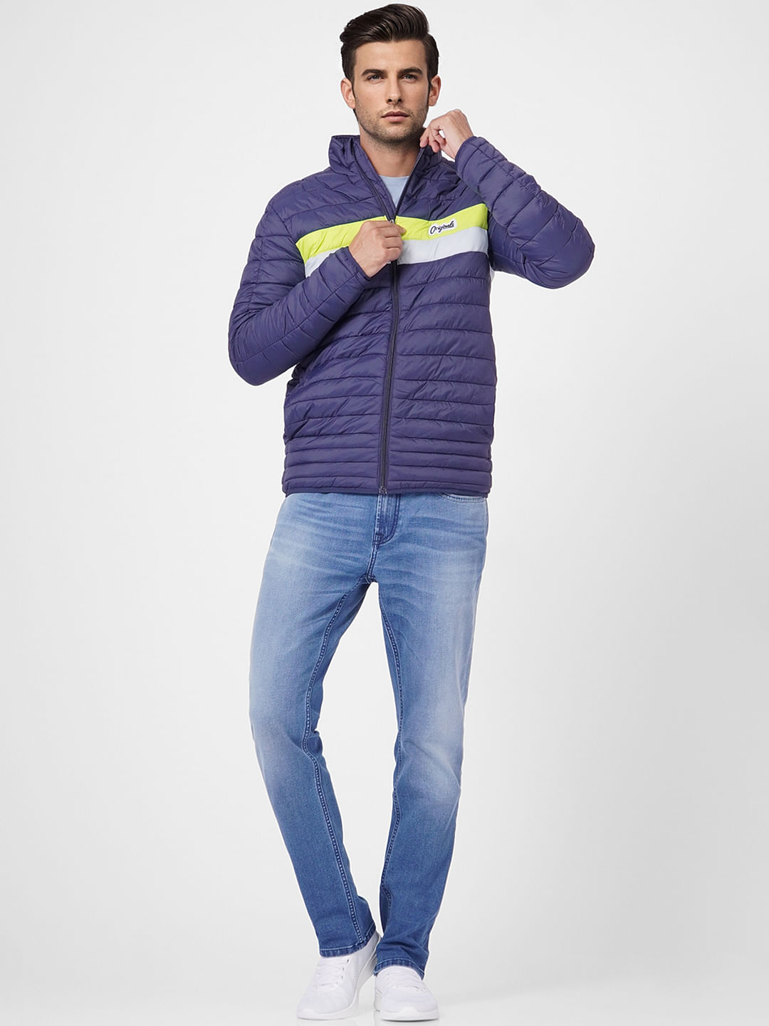 Blue Colourblocked Puffer Jacket