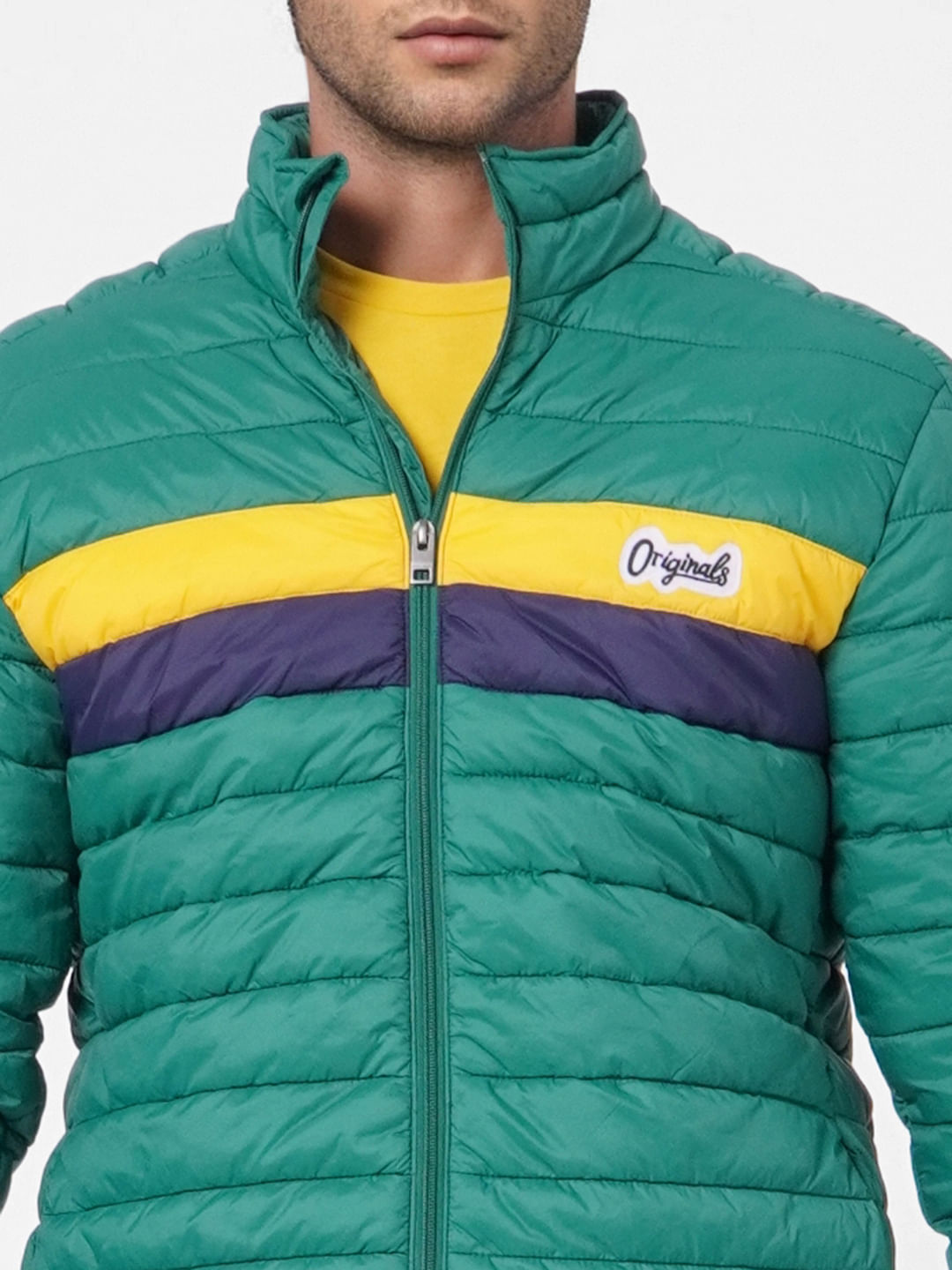 Green Colourblocked Puffer Jacket