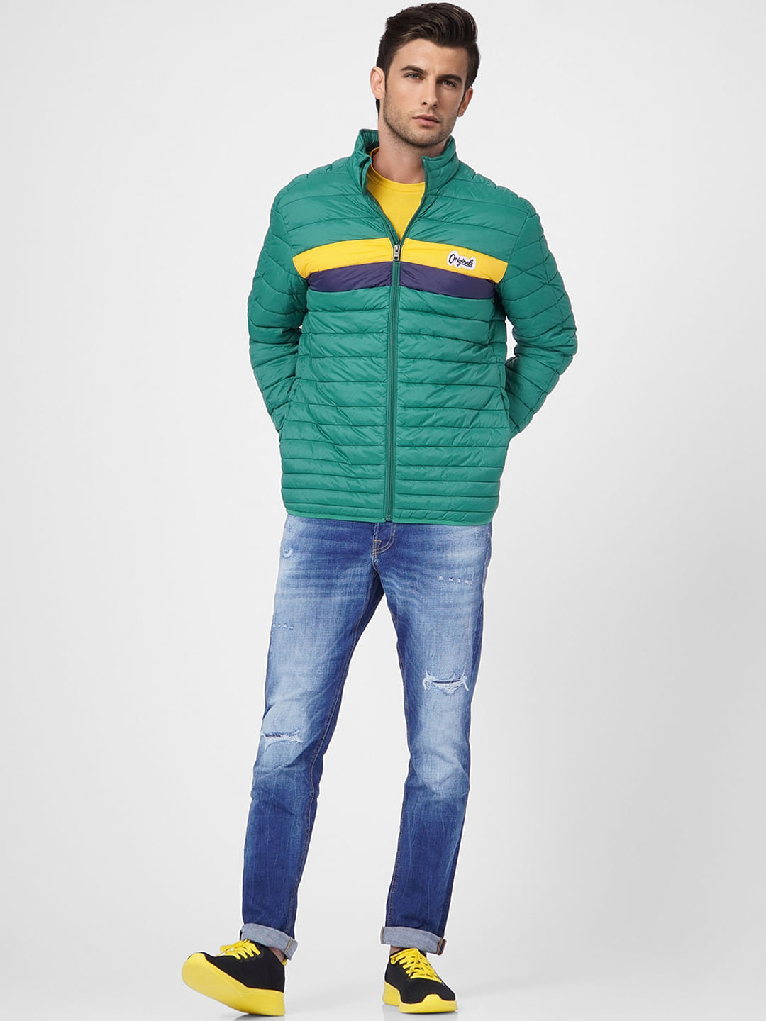 Green Colourblocked Puffer Jacket