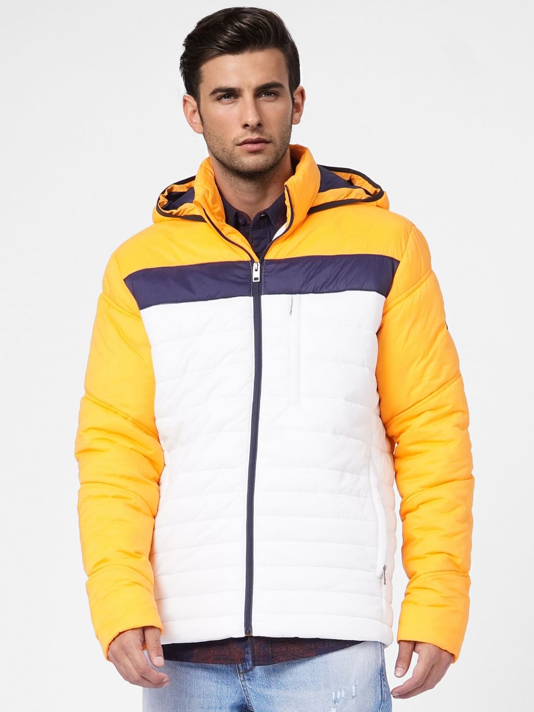 Orange Colourblocked Hooded Puffer Jacket