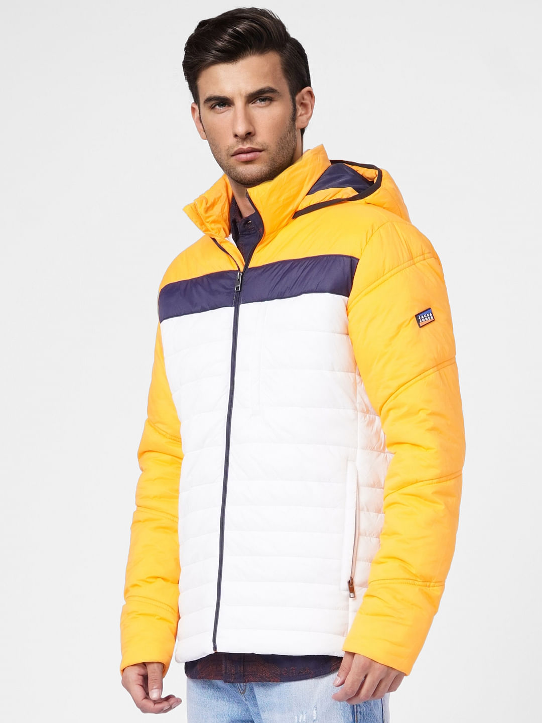 Orange Colourblocked Hooded Puffer Jacket