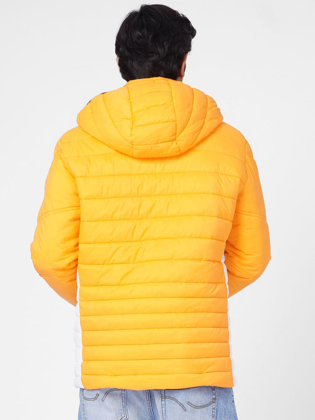 Orange Colourblocked Hooded Puffer Jacket