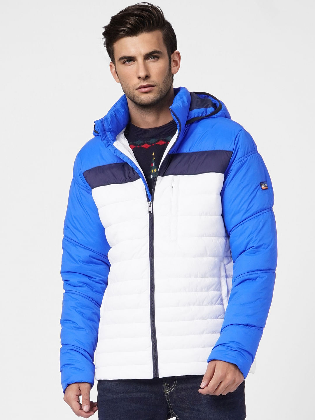 Blue Colourblocked Hooded Puffer Jacket