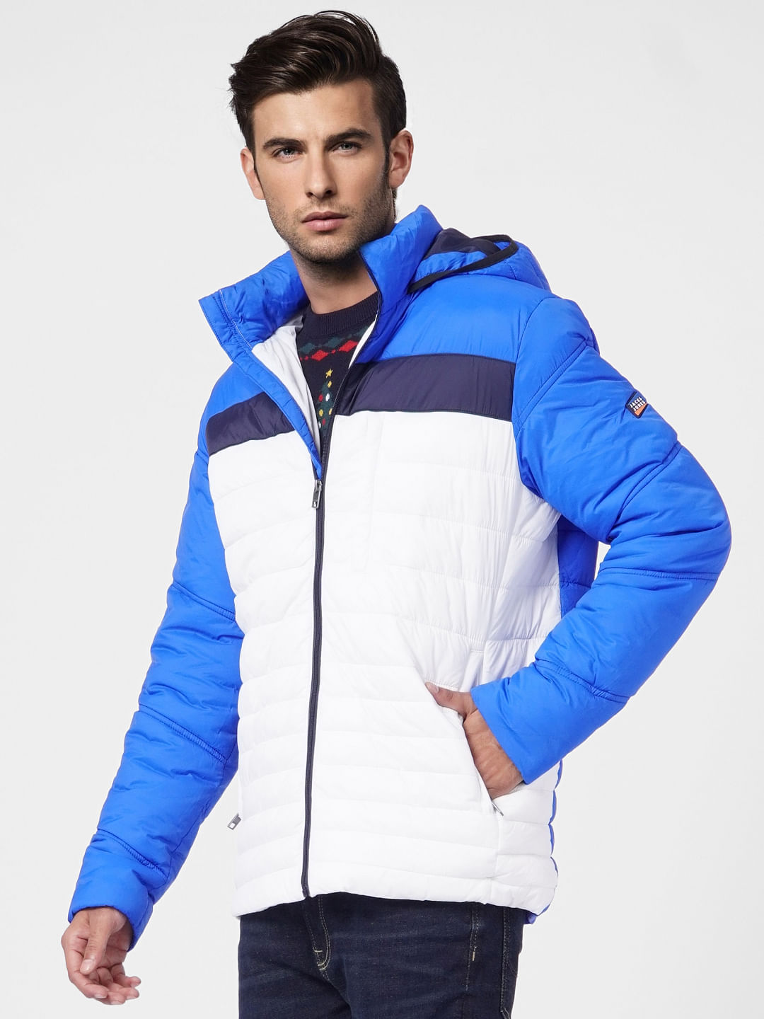 Blue Colourblocked Hooded Puffer Jacket
