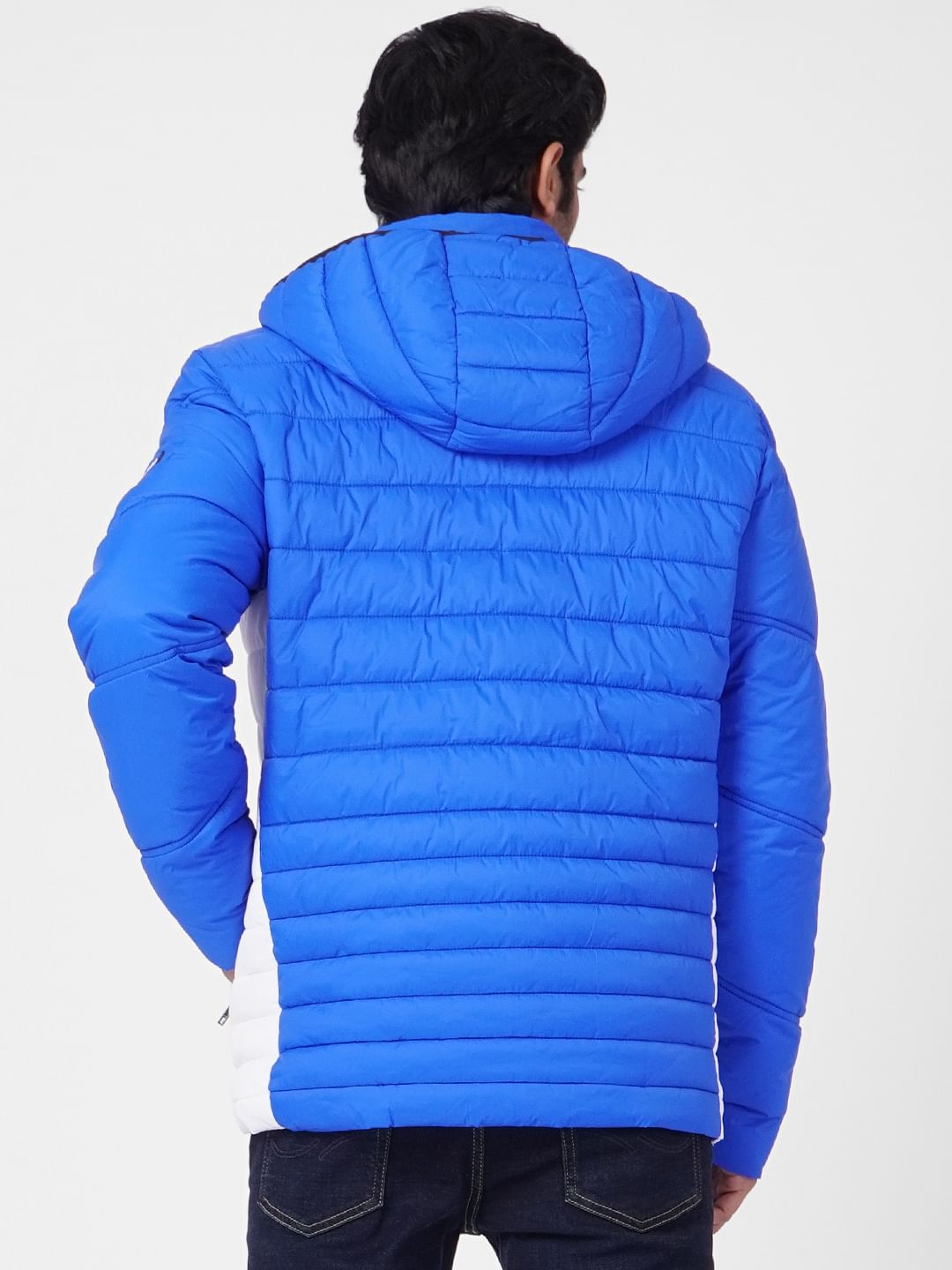 Blue Colourblocked Hooded Puffer Jacket