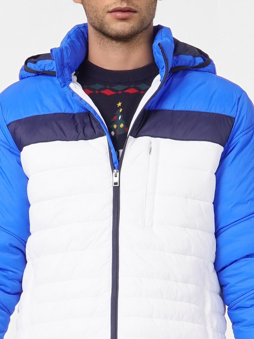 Blue Colourblocked Hooded Puffer Jacket