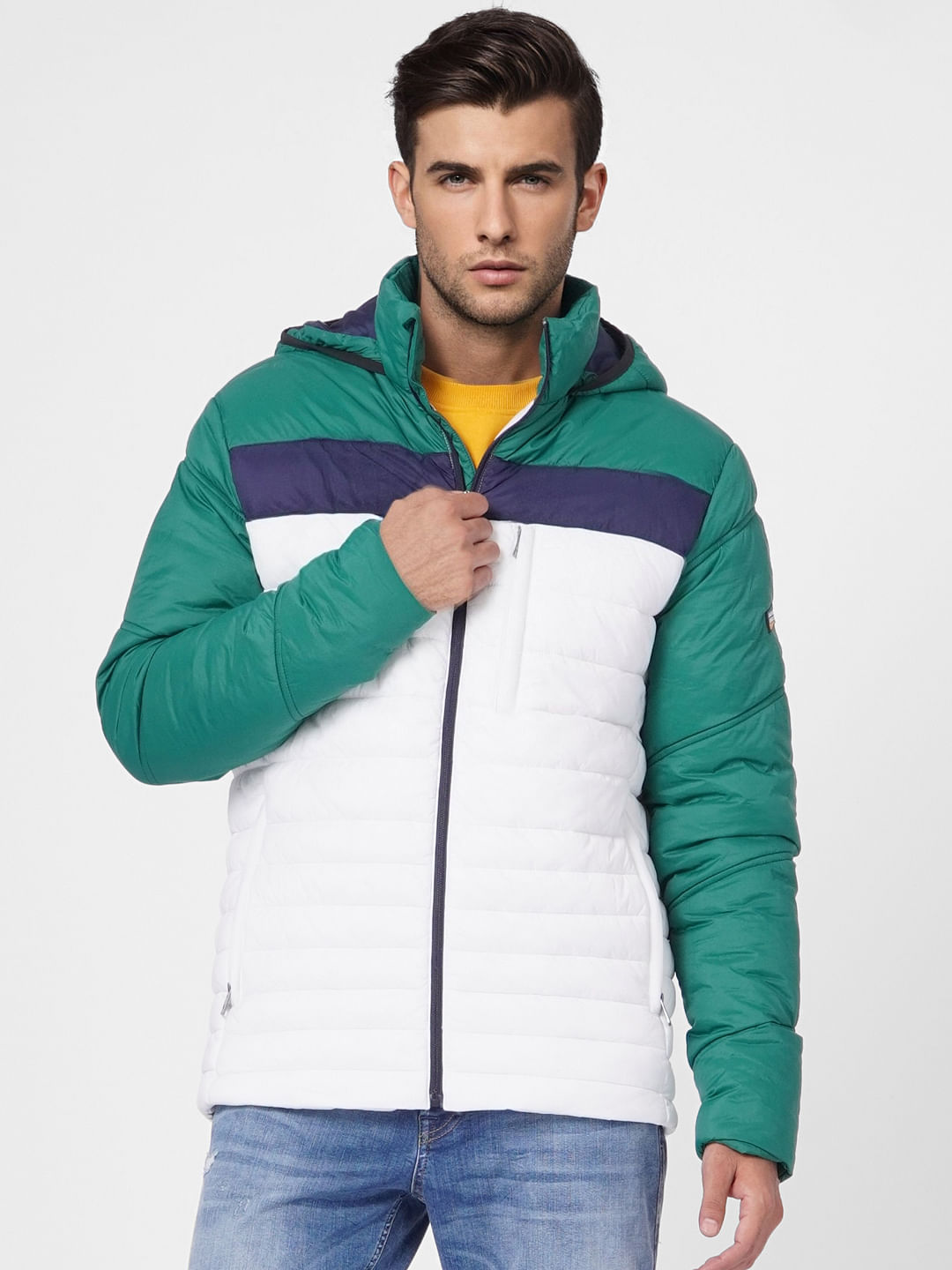 Green Colourblocked Hooded Puffer Jacket
