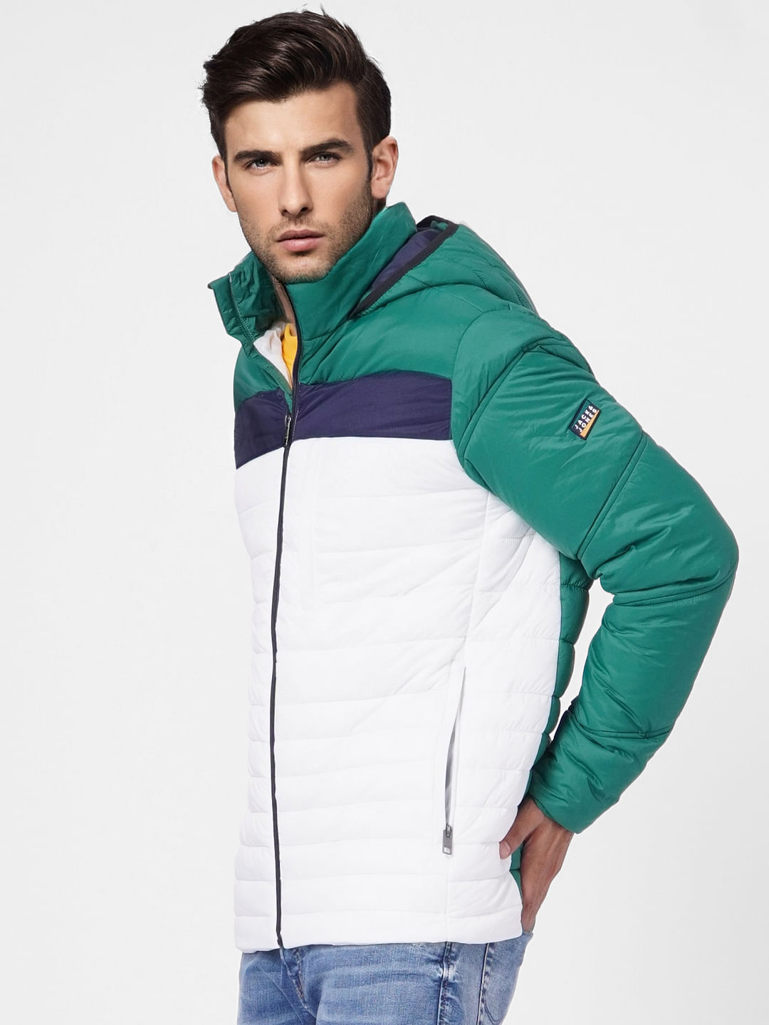 Green Colourblocked Hooded Puffer Jacket