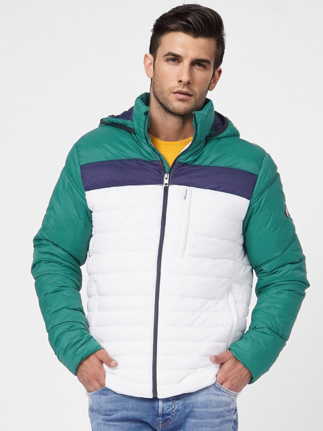 Green Colourblocked Hooded Puffer Jacket