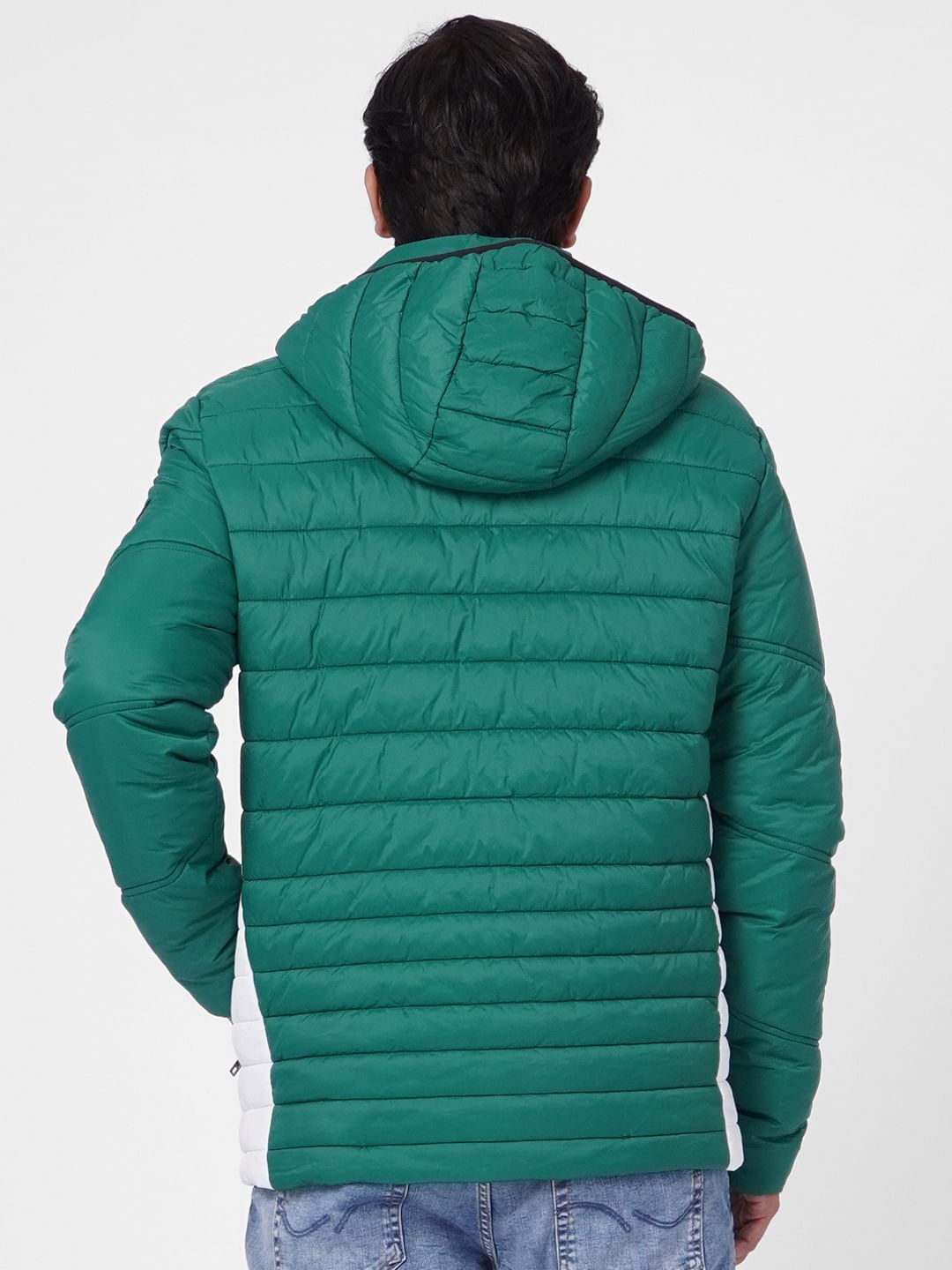 Green Colourblocked Hooded Puffer Jacket