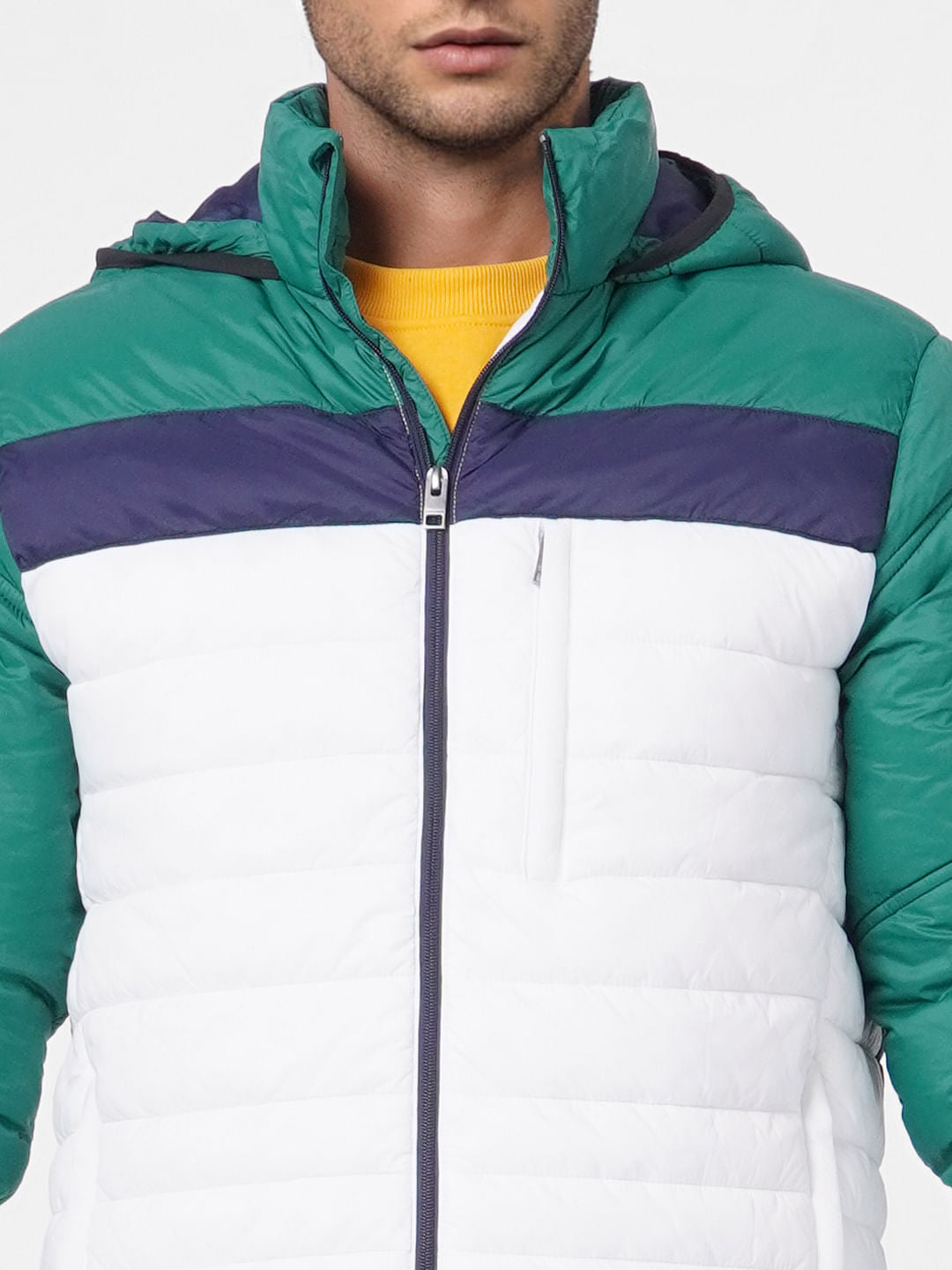 Green Colourblocked Hooded Puffer Jacket