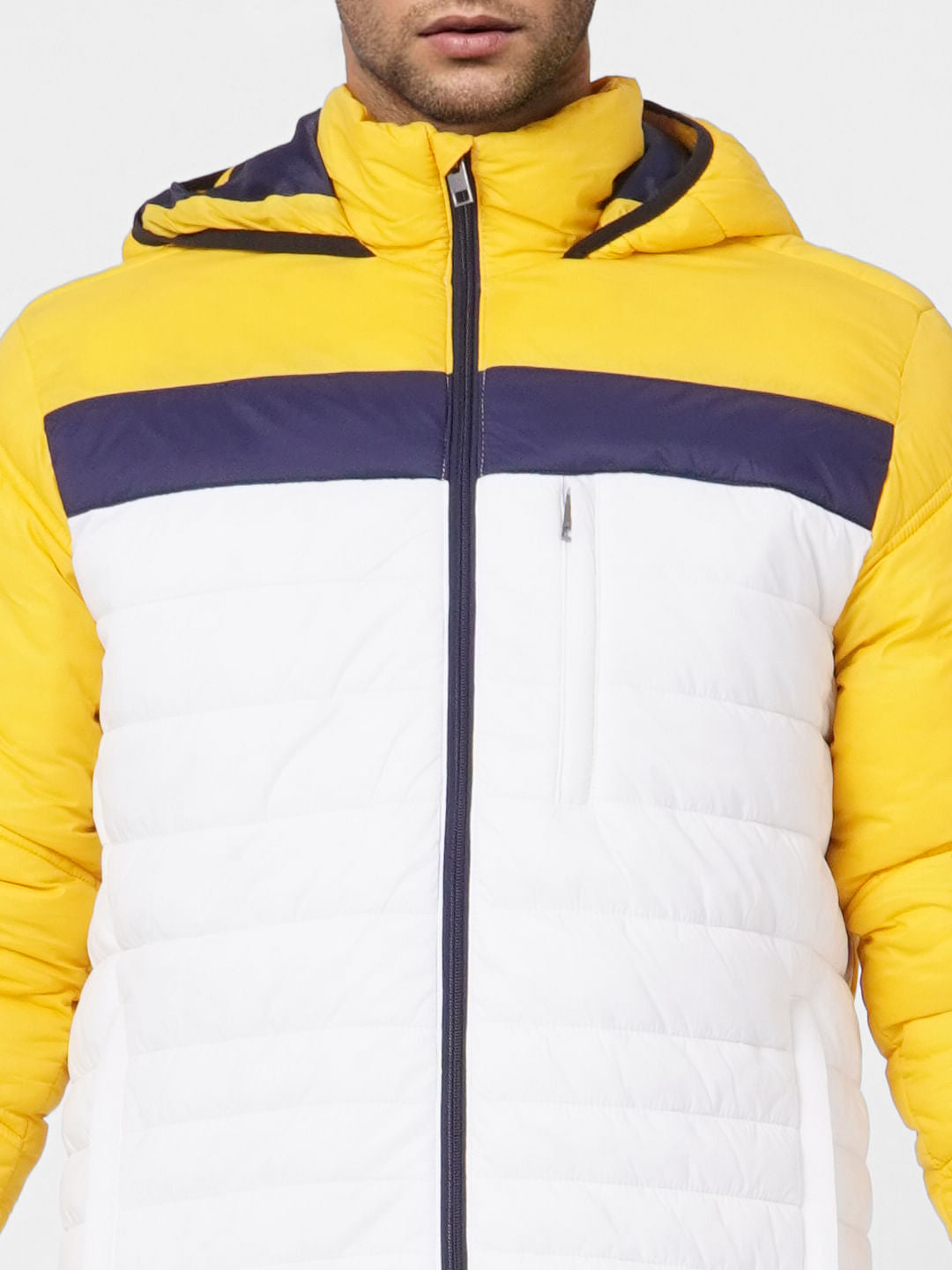 Yellow Colourblocked Hooded Puffer Jacket