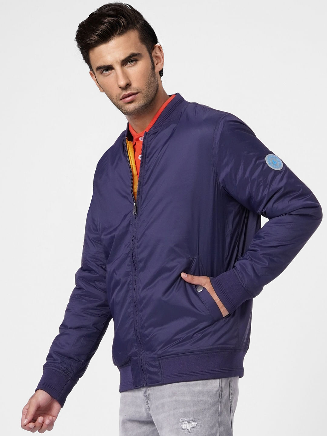 Blue Zip Up Bomber Jacket