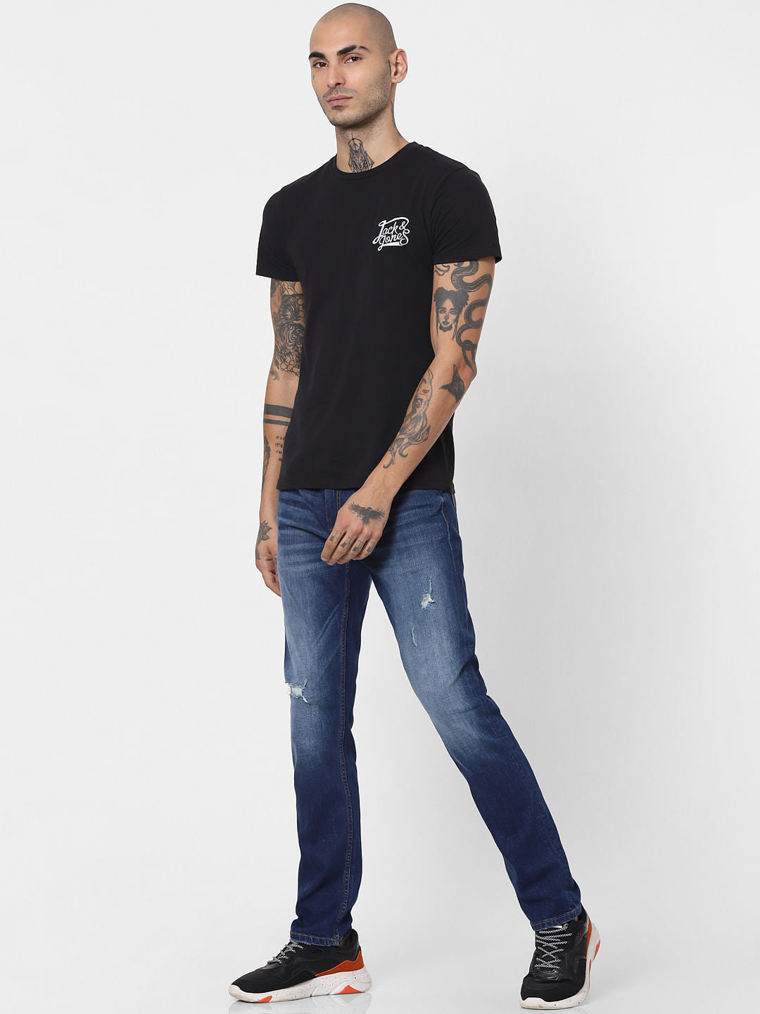 Blue Mid Rise Ripped Slim Jeans