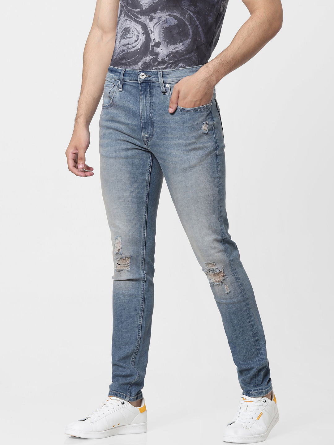Blue Mid Rise Washed Skinny Jeans