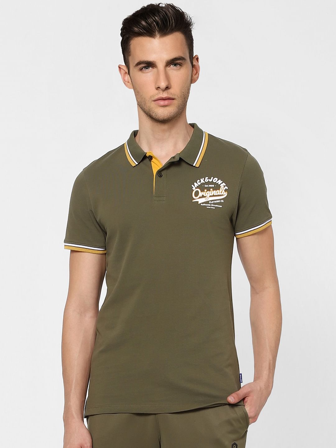 Green Contrast Tipping Polo Neck T-shirt