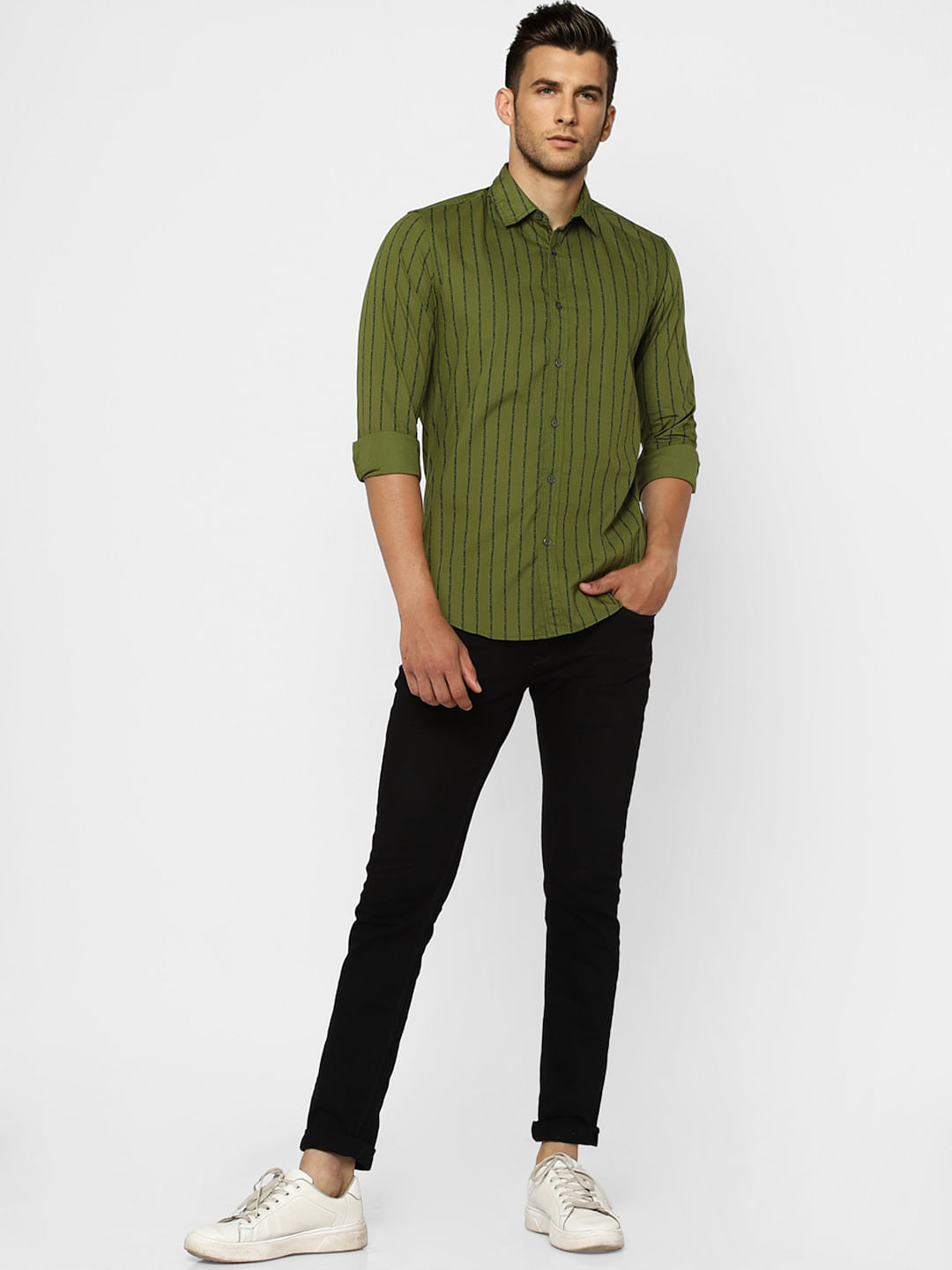 Green Striped Full Sleeves Shirt