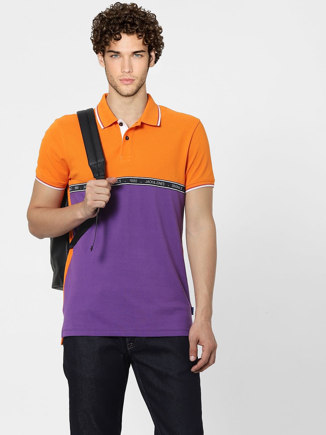 Orange Colourblocked Polo Neck T-shirt