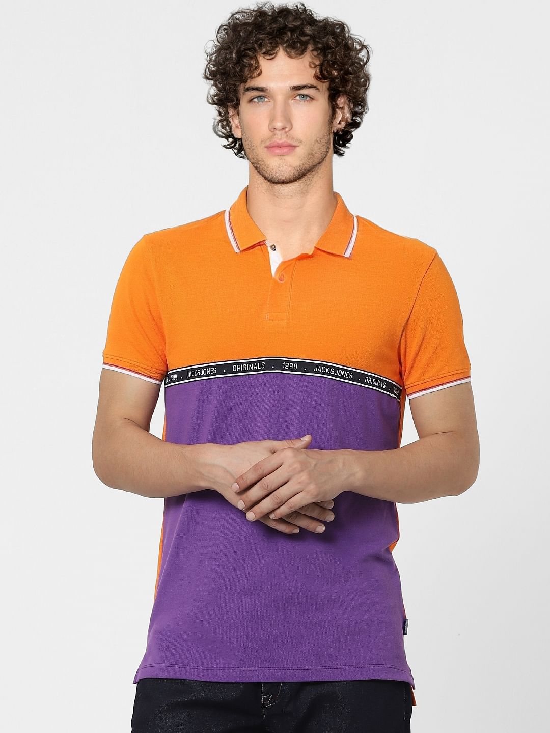 Orange Colourblocked Polo Neck T-shirt
