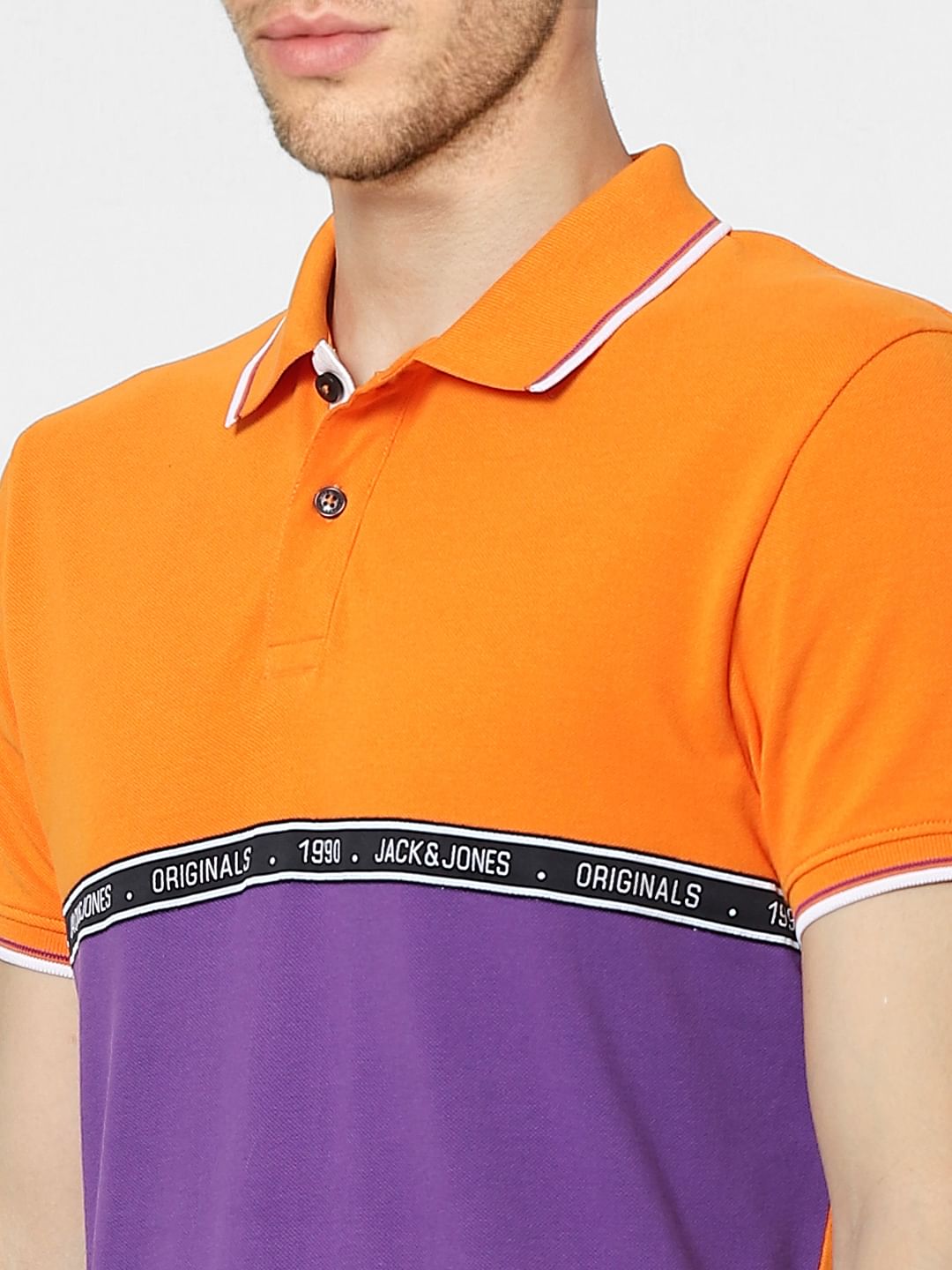 Orange Colourblocked Polo Neck T-shirt