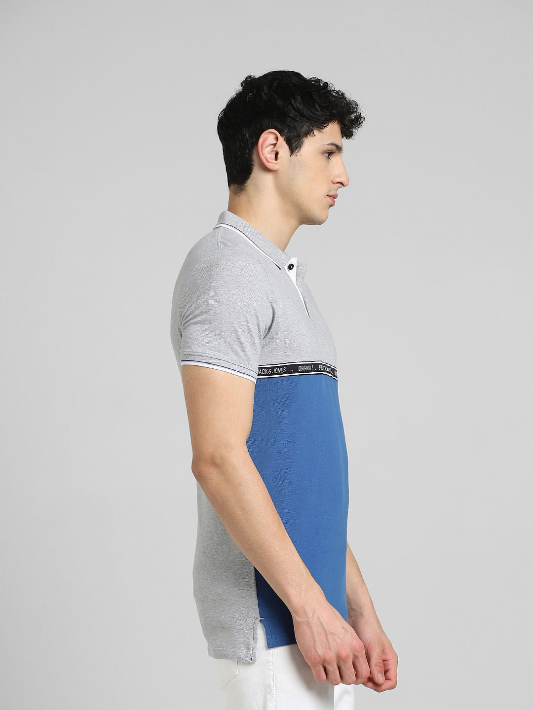 Grey Colourblocked Polo Neck T-shirt