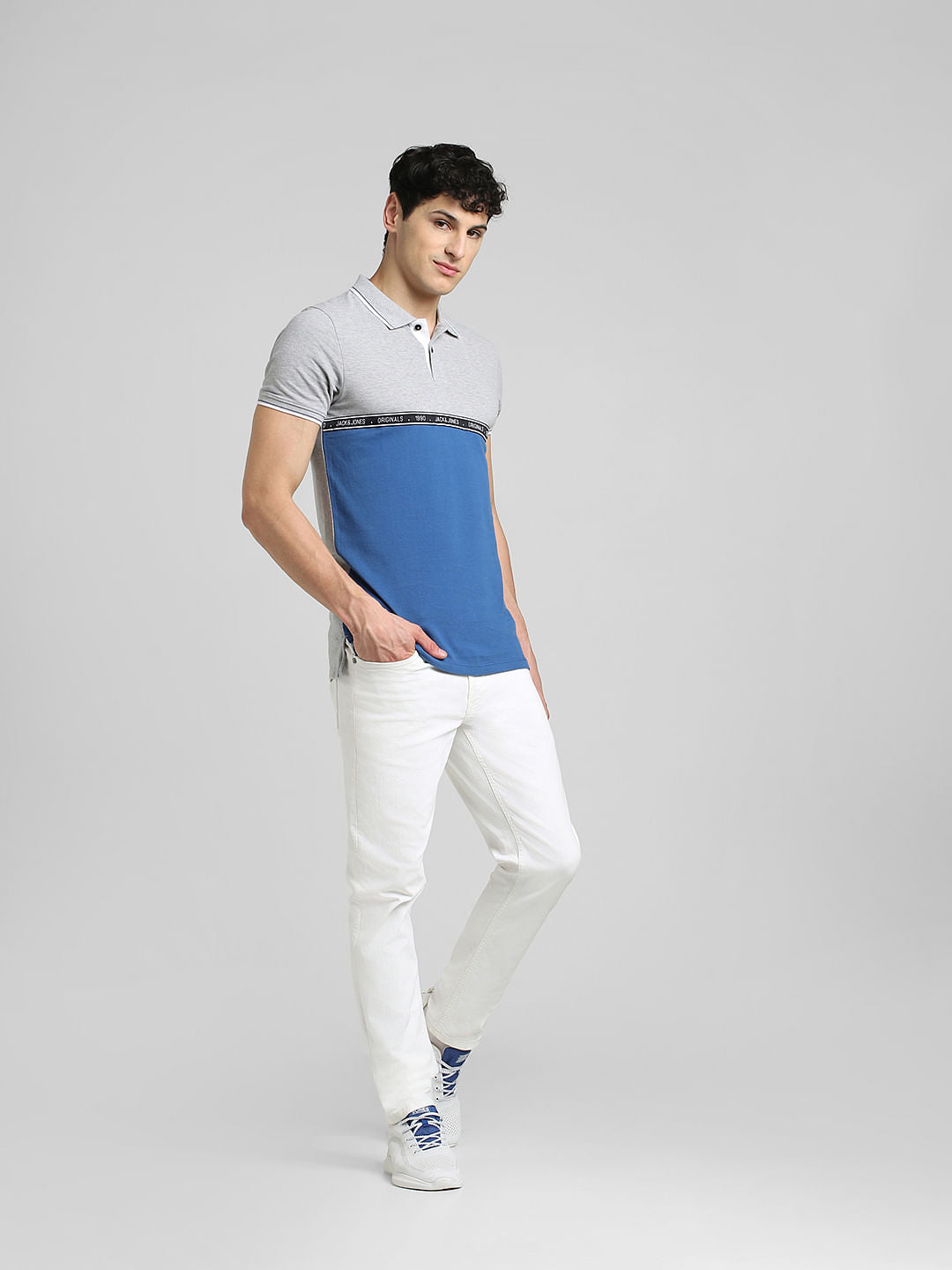 Grey Colourblocked Polo Neck T-shirt