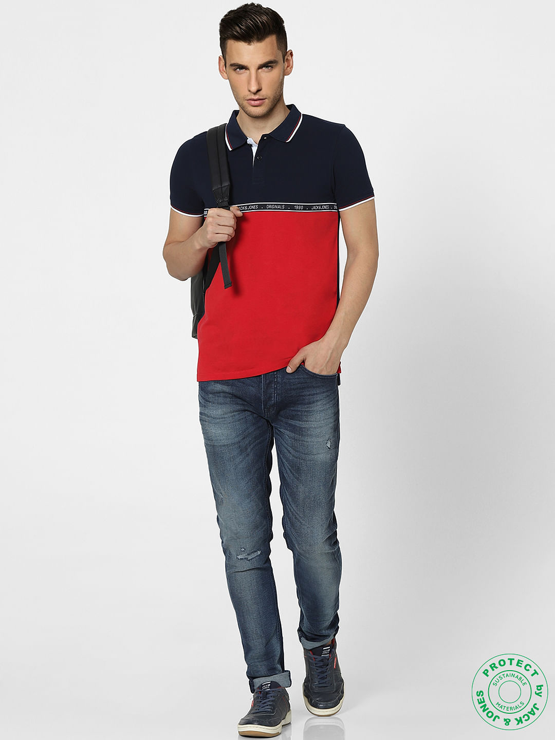 Blue & Red Colourblocked Polo T-shirt
