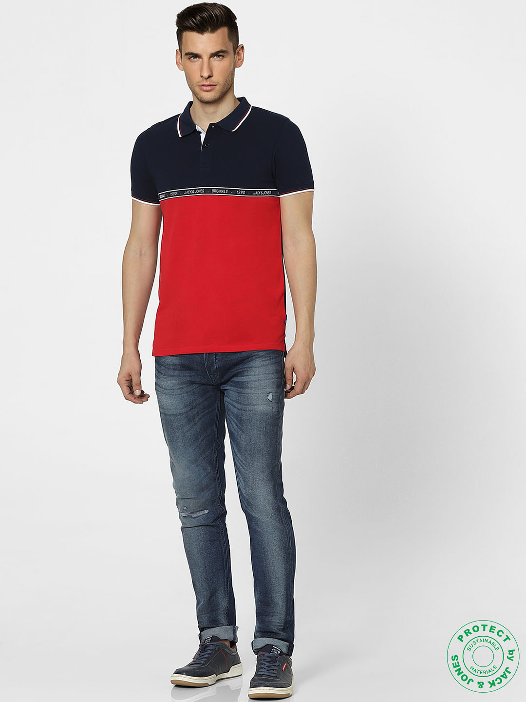 Blue & Red Colourblocked Polo T-shirt
